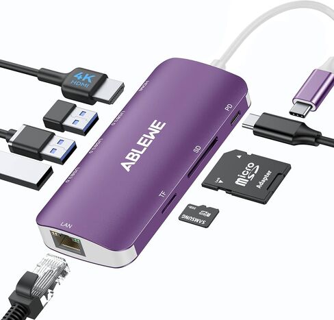 USB C Hub Multiport Adapter, ABLEWE 8-in-1 USB-C Hub with 4K@60Hz HDMI, 1Gbps Ethernet, 100W PD, SD/TF Card Reader, 3 USB 3.0 Ports Docking Station Compatible for MacBook Pro/Air/iPad Pro/XPS(Purple) in Saudi Arabia
