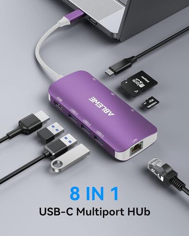 USB C Hub Multiport Adapter, ABLEWE 8-in-1 USB-C Hub with 4K@60Hz HDMI, 1Gbps Ethernet, 100W PD, SD/TF Card Reader, 3 USB 3.0 Ports Docking Station Compatible for MacBook Pro/Air/iPad Pro/XPS(Purple) in Saudi Arabia