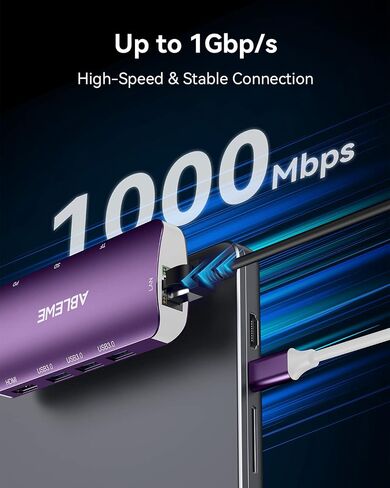 USB C Hub Multiport Adapter, ABLEWE 8-in-1 USB-C Hub with 4K@60Hz HDMI, 1Gbps Ethernet, 100W PD, SD/TF Card Reader, 3 USB 3.0 Ports Docking Station Compatible for MacBook Pro/Air/iPad Pro/XPS(Purple) in Saudi Arabia