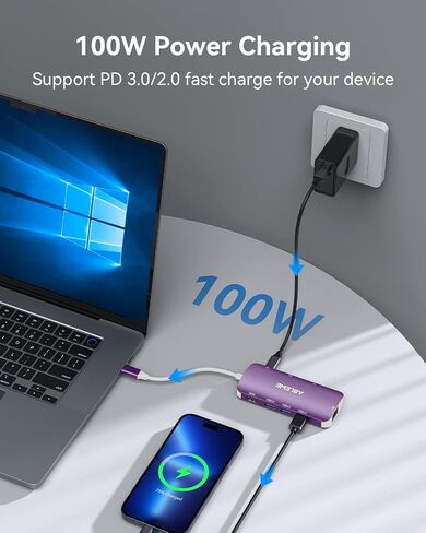 USB C Hub Multiport Adapter, ABLEWE 8-in-1 USB-C Hub with 4K@60Hz HDMI, 1Gbps Ethernet, 100W PD, SD/TF Card Reader, 3 USB 3.0 Ports Docking Station Compatible for MacBook Pro/Air/iPad Pro/XPS(Purple) in Saudi Arabia