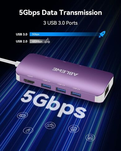 USB C Hub Multiport Adapter, ABLEWE 8-in-1 USB-C Hub with 4K@60Hz HDMI, 1Gbps Ethernet, 100W PD, SD/TF Card Reader, 3 USB 3.0 Ports Docking Station Compatible for MacBook Pro/Air/iPad Pro/XPS(Purple) in Saudi Arabia