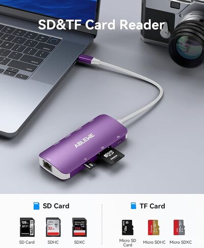 USB C Hub Multiport Adapter, ABLEWE 8-in-1 USB-C Hub with 4K@60Hz HDMI, 1Gbps Ethernet, 100W PD, SD/TF Card Reader, 3 USB 3.0 Ports Docking Station Compatible for MacBook Pro/Air/iPad Pro/XPS(Purple) in Saudi Arabia