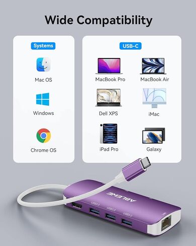 USB C Hub Multiport Adapter, ABLEWE 8-in-1 USB-C Hub with 4K@60Hz HDMI, 1Gbps Ethernet, 100W PD, SD/TF Card Reader, 3 USB 3.0 Ports Docking Station Compatible for MacBook Pro/Air/iPad Pro/XPS(Purple) in Saudi Arabia