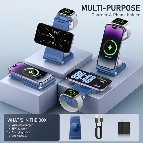 Magnetic Wireless Charger Stand, 3 in 1 Foldable Wireless Charging Station, Travel Charger for Multiple Devices for iPhone 16 15 14 13 12 Series, Apple Watch Ultra/9/8/7/6/5/4/3/2, AirPods in Saudi Arabia