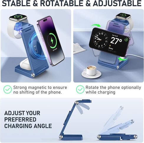 Magnetic Wireless Charger Stand, 3 in 1 Foldable Wireless Charging Station, Travel Charger for Multiple Devices for iPhone 16 15 14 13 12 Series, Apple Watch Ultra/9/8/7/6/5/4/3/2, AirPods in Saudi Arabia