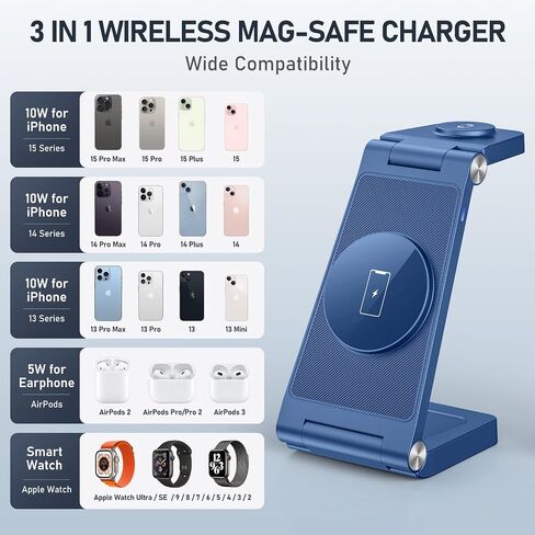 Magnetic Wireless Charger Stand, 3 in 1 Foldable Wireless Charging Station, Travel Charger for Multiple Devices for iPhone 16 15 14 13 12 Series, Apple Watch Ultra/9/8/7/6/5/4/3/2, AirPods in Saudi Arabia