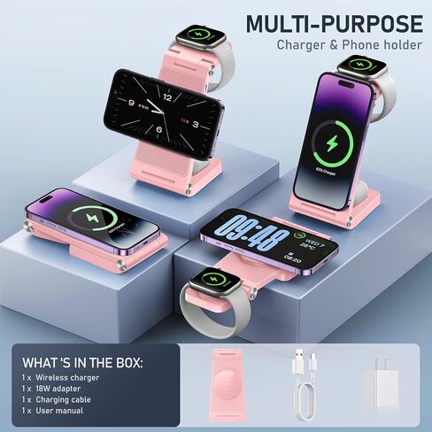 Magnetic Wireless Charger Stand, 3 in 1 Foldable Wireless Charging Station, Travel Charger for Multiple Devices for iPhone 16 15 14 13 12 Series, Apple Watch Ultra/9/8/7/6/5/4/3/2, AirPods in Saudi Arabia