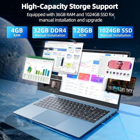 كمبيوتر محمول 15.6 بوصة، كمبيوتر محمول مع ذاكرة وصول عشوائي 20 جيجابايت و128 جيجابايت EMMC+1024 جيجابايت SSD قابل للتوسيع 4 تيرابايت، سيليرون N5095 رباعي النواة، اشتراك Office 365 لمدة عام، 7000 مللي أمبير، واي فاي 6، USB 3.2، HDMI، نوع C (رمادي) in Kuwait