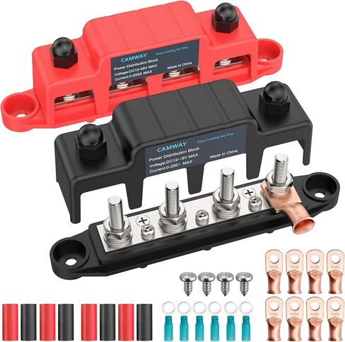 CAMWAY Bus Bar Power Distribution Block - 250A 12V 48V DC Battery Busbar Terminal Block, 4 x 3/8inch M10 Studs, 3 x M4 Screw Strong Conductivity Insulation for Marine Automotive RV Solar Wiring in Saudi Arabia