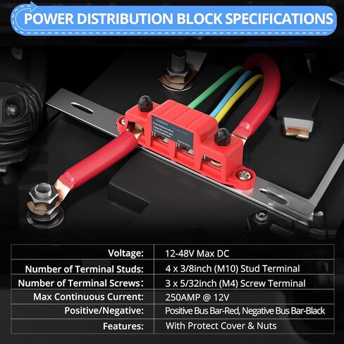 CAMWAY Bus Bar Power Distribution Block - 250A 12V 48V DC Battery Busbar Terminal Block, 4 x 3/8inch M10 Studs, 3 x M4 Screw Strong Conductivity Insulation for Marine Automotive RV Solar Wiring in Saudi Arabia