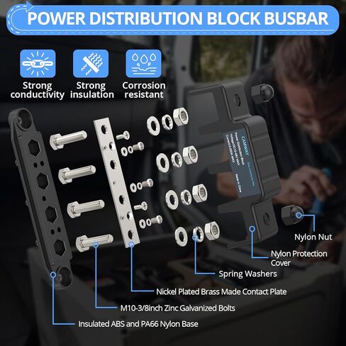 CAMWAY Bus Bar Power Distribution Block - 250A 12V 48V DC Battery Busbar Terminal Block, 4 x 3/8inch M10 Studs, 3 x M4 Screw Strong Conductivity Insulation for Marine Automotive RV Solar Wiring in Saudi Arabia