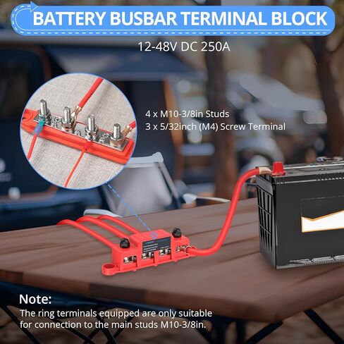 CAMWAY Bus Bar Power Distribution Block - 250A 12V 48V DC Battery Busbar Terminal Block, 4 x 3/8inch M10 Studs, 3 x M4 Screw Strong Conductivity Insulation for Marine Automotive RV Solar Wiring in Saudi Arabia