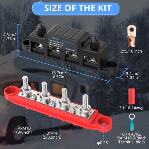 CAMWAY Bus Bar Power Distribution Block - 250A 12V 48V DC Battery Busbar Terminal Block, 4 x 3/8inch M10 Studs, 3 x M4 Screw Strong Conductivity Insulation for Marine Automotive RV Solar Wiring in Saudi Arabia