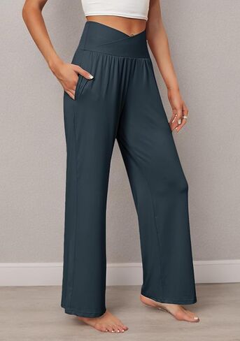 DIBAOLONG بنطال ذو قصة أرجل واسعة للنساء بنطال يوجا فضفاض غير رسمي مريح كروس عالي الخصر بنطلون طويل مع جيوب in Kuwait