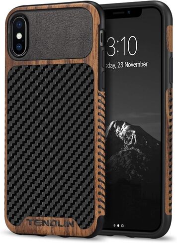 TENDLIN Compatible with iPhone SE 2022 Case (3rd Gen)/iPhone SE 2020 Case (2rd Gen)/iPhone 8 Case/iPhone 7 Case Wood Grain with Carbon Fiber Texture Design Leather Hybrid Slim Case Black in Kuwait