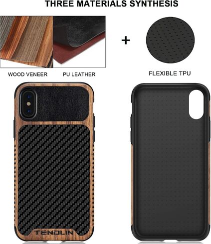 TENDLIN Compatible with iPhone SE 2022 Case (3rd Gen)/iPhone SE 2020 Case (2rd Gen)/iPhone 8 Case/iPhone 7 Case Wood Grain with Carbon Fiber Texture Design Leather Hybrid Slim Case Black in Kuwait
