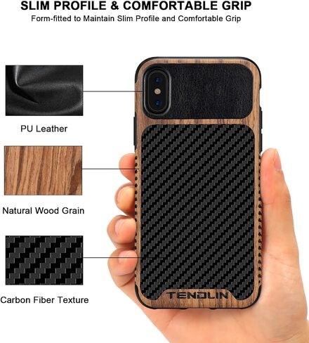 TENDLIN Compatible with iPhone SE 2022 Case (3rd Gen)/iPhone SE 2020 Case (2rd Gen)/iPhone 8 Case/iPhone 7 Case Wood Grain with Carbon Fiber Texture Design Leather Hybrid Slim Case Black in Kuwait