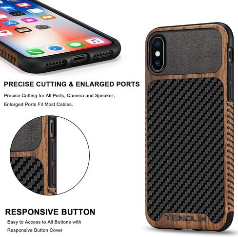 TENDLIN Compatible with iPhone SE 2022 Case (3rd Gen)/iPhone SE 2020 Case (2rd Gen)/iPhone 8 Case/iPhone 7 Case Wood Grain with Carbon Fiber Texture Design Leather Hybrid Slim Case Black in Kuwait