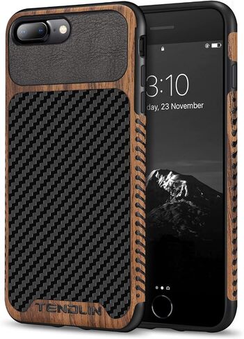 TENDLIN Compatible with iPhone SE 2022 Case (3rd Gen)/iPhone SE 2020 Case (2rd Gen)/iPhone 8 Case/iPhone 7 Case Wood Grain with Carbon Fiber Texture Design Leather Hybrid Slim Case Black in Kuwait
