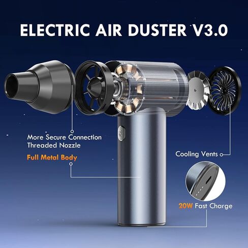 300000RPM Upgraded Metal Electric Air Duster - Jet Dry Mini Blower with 3 Adjustable Speeds - Rechargeable Cordless Air Blower for Keyboard,Car,Home & Outdoor Dust/Snow Removal -Compact & Lightweight in Saudi Arabia