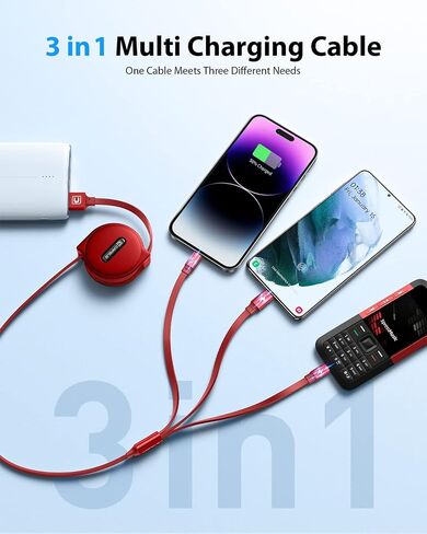 كابل شحن متعدد CAFELE 【شحن مفيد】 كابل شحن USB قابل للسحب 3 في 1 مع نوع C/Micro USB/IP، سلك شاحن هاتف متعدد للهاتف 14 13 12 11، Samsung S23 S22 S21 (4أقدام) - أحمر in Kuwait