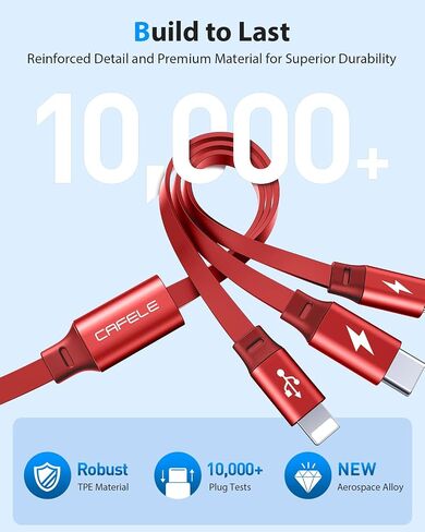 كابل شحن متعدد CAFELE 【شحن مفيد】 كابل شحن USB قابل للسحب 3 في 1 مع نوع C/Micro USB/IP، سلك شاحن هاتف متعدد للهاتف 14 13 12 11، Samsung S23 S22 S21 (4أقدام) - أحمر in Kuwait