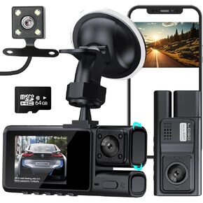 Dash Cam Front and Rear, 1080P Full HD 3 Channel Dash Camera for Cars Build in WiFi, 2‘’IPS Screen Dash Cam with 64GB SD Card, Night Vision, G-Sensor, 24H Parking Mode, 170°Wide Angle, Loop Recording