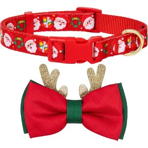 azuza Christmas Dog Collar Santa Print Xmas Dog Collar with Removable Red and Green Bowtie, Adjustable Dog Collar Accessories for Small Dogs