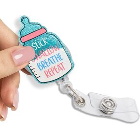 Suck Swallow Breathe Repeat Retractable Glitter Badge Reel with Clip, Funny Badge Holder for Neonatology Pediatric Nurses, NICU Nurses Doctors, Gifts for L&D RN OBGYN Midwife