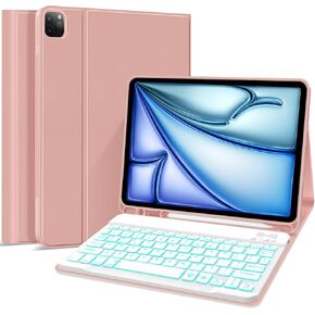 JUQITECH Backlit Keyboard Case for iPad Air 11 2024, Smart Soft Case with Bluetooth Keyboard for iPad Pro 11 4th/3rd/2nd/1st Gen (2022/2021/2020/2018) iPad Air 10.9 5th/4th Gen (2022/2020), Rose Gold