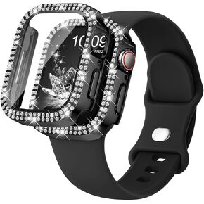 Compatible for Apple Watch Band 40mm 41mm 44mm 45mm 42mm 46mm with Screen Protector Case Women, Silicone Strap and Diamond Bling Protective Cover Tempered Glass for iWatch Series 10 9 8 7 6 5 4 3 SE