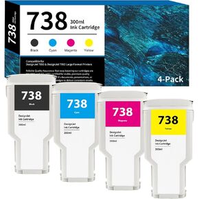 738 Ink Cartridge 300ml 4-Pack (Black Cyan Magenta Yellow) 498N8A 676M6A 676M7A 676M8A Replacement for HP 738 Ink Cartridge for DesignJet T850 T950 Printer Ink