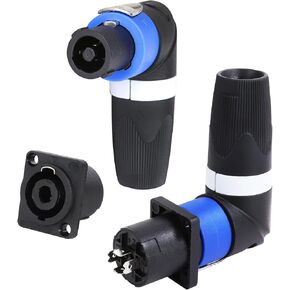 4 Sets Right Angle Speakon Connector Kit, 4pcs NL4FRX 4 Pole Angled SpeakON Connectors and Panel Mount Socket for Stage, DJ, Speaker, Amps, Compatible NL4MP, NL4FC, NL4FX
