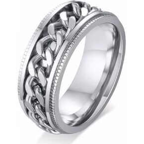 SWOPAN Men's Spinner Ring Fidget Anxiety Rings 8MM Stainless Steel Fidget Ring for Men Women Anxiety Relief Grooved Edge Ring Engagement Wedding Bands Rotation Chain Ring Jewelry Gift, Silver, Size 10
