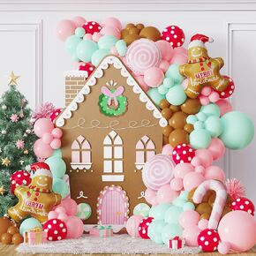 139Pcs Gingerbread Balloon Arch Garland Kit Pastel Pink Green Christmas Balloon Garland,30Inch Gingerbread Man Candy Cane Balloon for Christmas Cookie Xmas Gingerbread House New Year Party Decorations