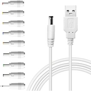 USB to DC 5V Power Cord, Universal DC 5.5x2.1mm Charging Cable with 9 Interchangeable Connectors Adapter for Moon Lamp, Massage Wand, Router, LED Light, Mini Fan, Speaker and More Devices (White)
