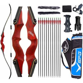 Archery 60" Takedown Hunting Recurve Bow and Arrows Set for Adults & Youth Longbow Kit Competition Survival Targeting Shooting Right HandLaminated Wooden Riser 30lb-60LB