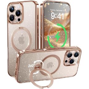 CASEKOO Glitter 360° Spin Built-in Magnetic Stand for iPhone 16 Pro Max Case, Fit for MagSafe, 16FT Drop Protection, Chic Design for iPhone 16 ProMax Case with Stand, Sparkle Clear