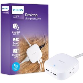 Philips Desktop Charging Station with 5ft. Braided Cord, Power Strip, Device hub for Phone, Tablet, Laptop, 2 outlets, 2 USB-A, 1 USB-C, White, DLP3553W/37