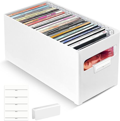 صندوق تخزين الأقراص المضغوطة، منظم أقراص مضغوطة بلاستيكي قابل للتكديس، يحمل ما يصل إلى 25 قرصًا مضغوطًا، حقيبة تخزين أقراص مضغوطة للمكتب والرف، تصميم المقبض in Kuwait