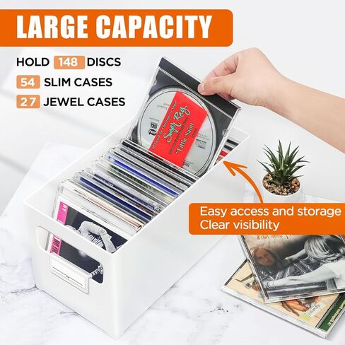 صندوق تخزين الأقراص المضغوطة، منظم أقراص مضغوطة بلاستيكي قابل للتكديس، يحمل ما يصل إلى 25 قرصًا مضغوطًا، حقيبة تخزين أقراص مضغوطة للمكتب والرف، تصميم المقبض in Kuwait
