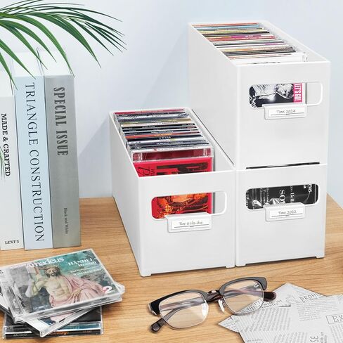 صندوق تخزين الأقراص المضغوطة، منظم أقراص مضغوطة بلاستيكي قابل للتكديس، يحمل ما يصل إلى 25 قرصًا مضغوطًا، حقيبة تخزين أقراص مضغوطة للمكتب والرف، تصميم المقبض in Kuwait