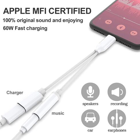 Headphone Adapter for iPhone,2 in 1 Lightning to 3.5mm AUX Audio Dongle Charger Splitter for iPhone Accessories Compatible for iPhone 14/13/12/11/XR/X/8/7/6, Support iOS System in Kuwait