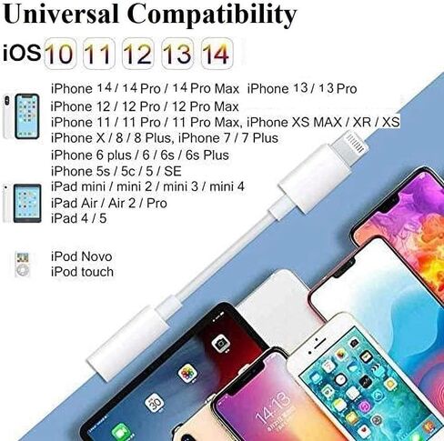 Headphone Adapter for iPhone,2 in 1 Lightning to 3.5mm AUX Audio Dongle Charger Splitter for iPhone Accessories Compatible for iPhone 14/13/12/11/XR/X/8/7/6, Support iOS System in Kuwait