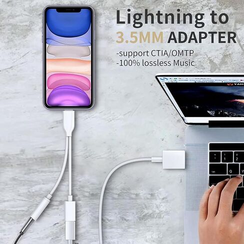 Headphone Adapter for iPhone,2 in 1 Lightning to 3.5mm AUX Audio Dongle Charger Splitter for iPhone Accessories Compatible for iPhone 14/13/12/11/XR/X/8/7/6, Support iOS System in Kuwait