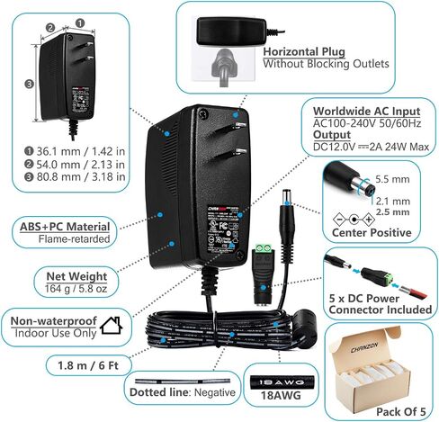 محول إمداد الطاقة Chanzon 12V 2A UL مدرج 24W AC DC (الإدخال 100-240V، الإخراج 12 فولت 2 أمبير 24 وات 6 أقدام) شاحن محول ثؤلول الجدار لكاميرا CCTV DC12V شريط ضوء LED (عبوتان) in Kuwait