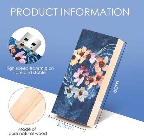 Manual Oil Painting USB 2.0 Flash Drive 16GB Data Storage Memory Stick Flowers in Water Paint Wooden Thumb Drive Small Size - 1.10x0.35x2.36inch in Saudi Arabia