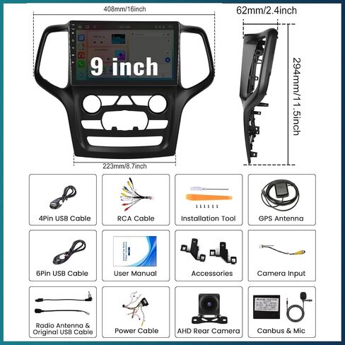 UNITOPSCI 4+64G 8 Core Android 13 Car Radio for Jeep Grand Cherokee 2014-2017 with CarPlay Android Auto, 9" IPS 1280*720 Touchscreen, Bluetooth/GPS/WiFi, FM/RDS/DSP 32EQ, 59 UI, Backup Camera/SWC/MIC in Kuwait