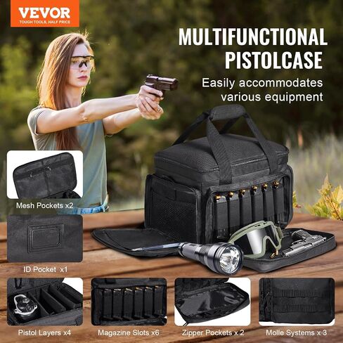 VEVOR Range Bag for 4+ Pistols, Tactical Gun Range Bag with 3 Detachable Dividers & 6 Magazines, Firearm Shooting Handgun Bag for Outdoor Hunting Shooting Pistol Bag with Single Shoulder Strip, Black in Saudi Arabia