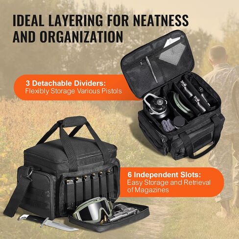 VEVOR Range Bag for 4+ Pistols, Tactical Gun Range Bag with 3 Detachable Dividers & 6 Magazines, Firearm Shooting Handgun Bag for Outdoor Hunting Shooting Pistol Bag with Single Shoulder Strip, Black in Saudi Arabia